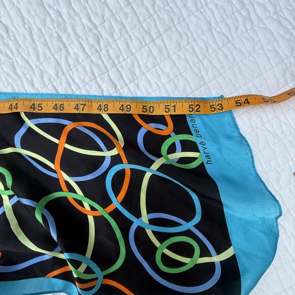 Vintage Long 100% Silk Geometric, Abstract Scarf | Aqua, Black & Ivory - Picture 8 of 10